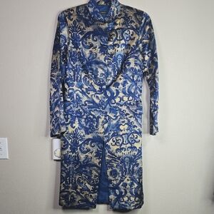 Carla Zampatti Blue and Gold Padded Shoulder Knee Lenght Coat 100% Silk  Size 10